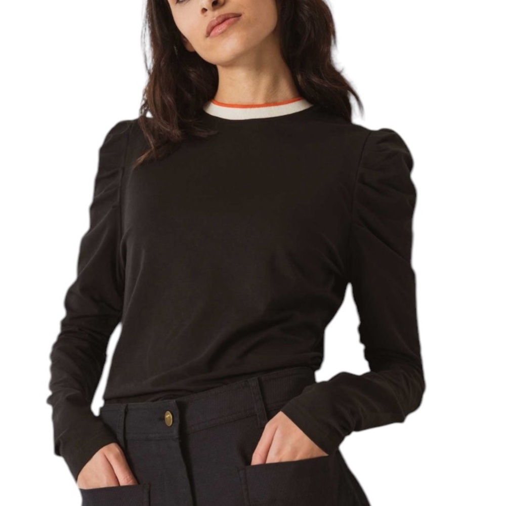 NWT SKFK Oldar Black Ruched Sleeve Stretch Cotton Crewneck T-Shirt